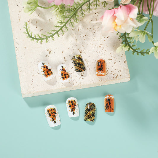 Autumn Enchantment Medium Square White and Orange Press On Nail Set with Intricate Halloween Design