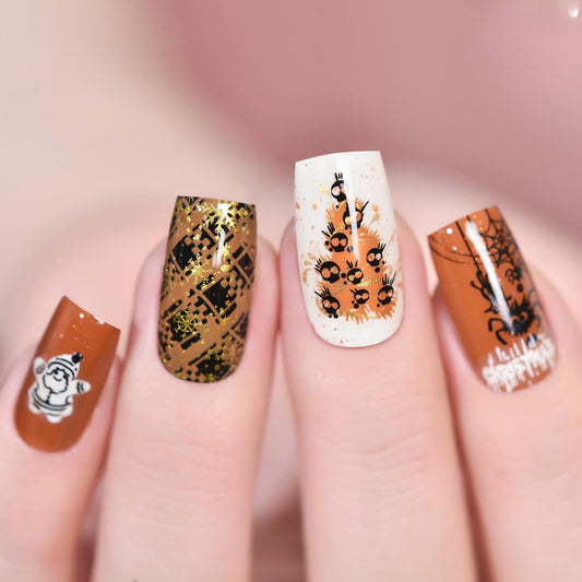 Spooky Autumn Vibes Medium Square Brown and White Nail Set with Glitter and Pumpkin Design