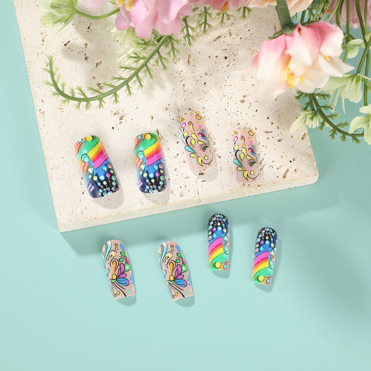 Rainbow Dream Vibrant Medium Square Colorful Floral Press-On Nail Set