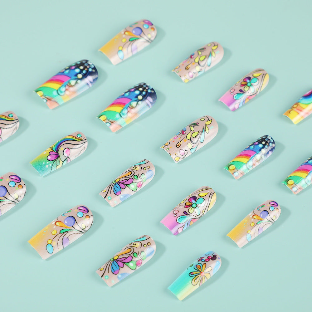 Whimsical Garden Medium Square Ballerina Multicolor Floral Design Press On Nail Set