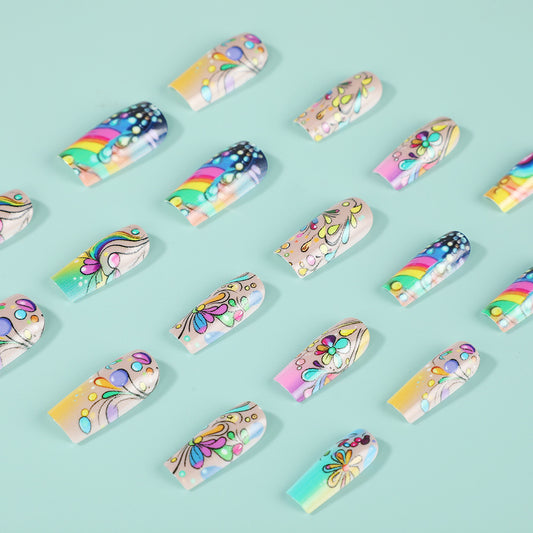 Whimsical Garden Medium Square Ballerina Multicolor Floral Design Press On Nail Set