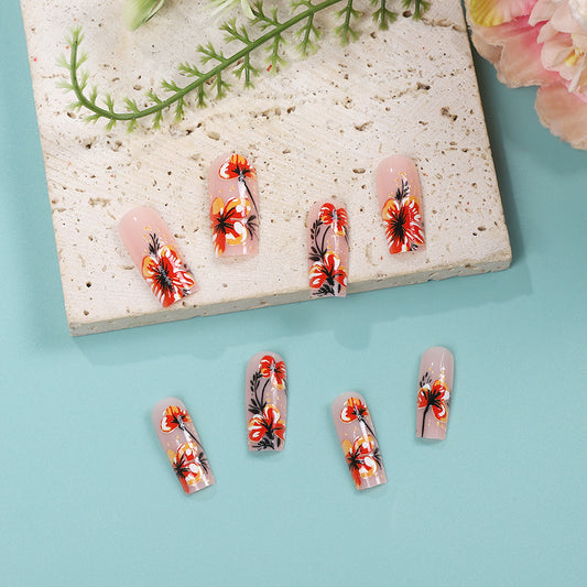 Tropical Floral Delight Medium Square Shaped Transparent with Vibrant Orange Flower Design Press On Nail Set
