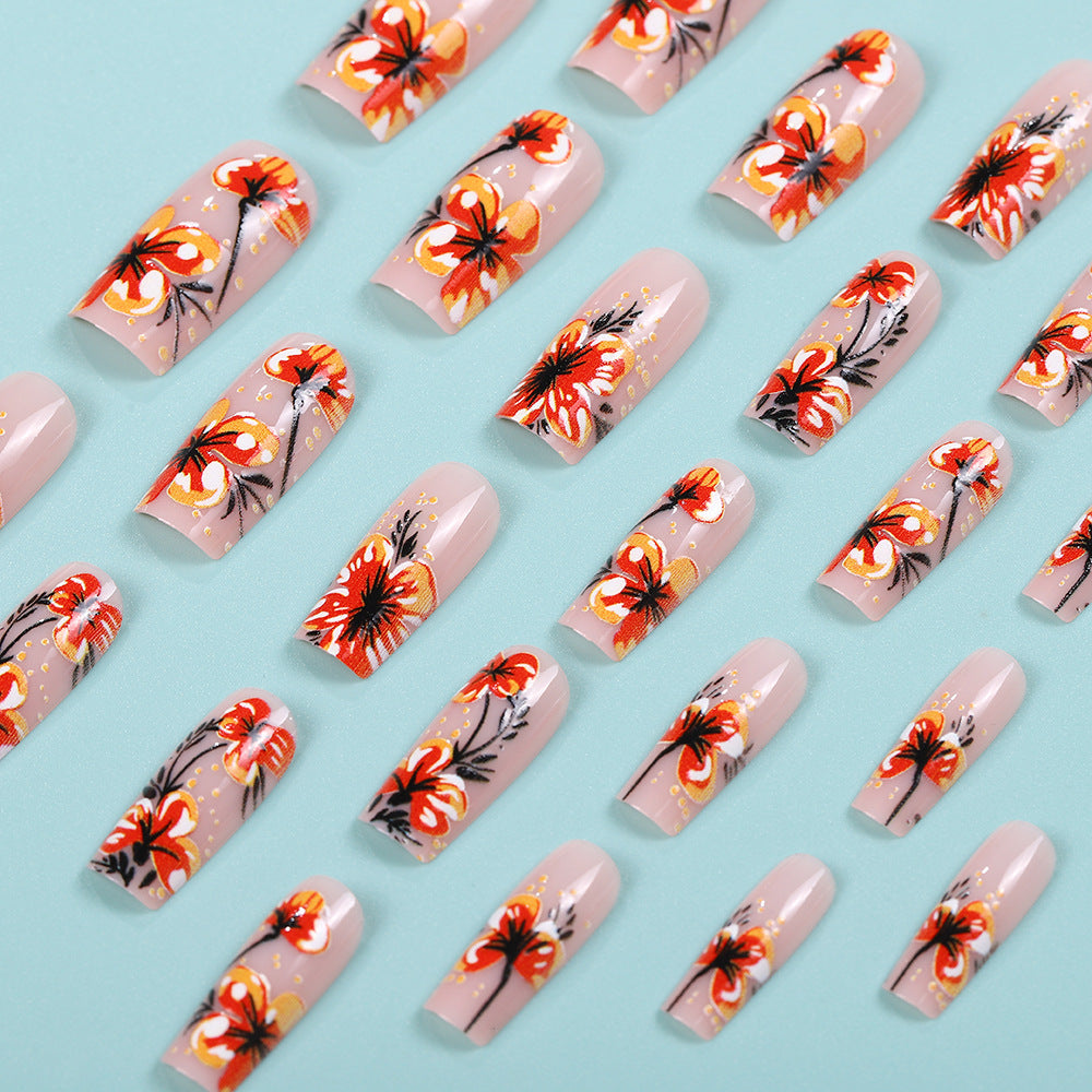 Tropical Paradise Medium Square Coral Floral Press On Nail Set with Shimmering Accents