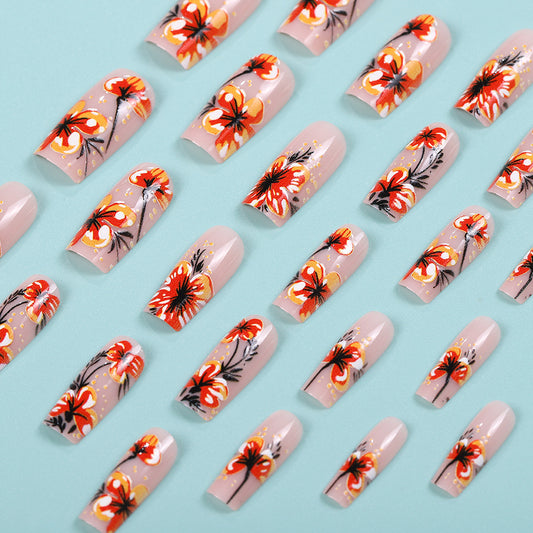 Tropical Paradise Medium Square Coral Floral Press On Nail Set with Shimmering Accents