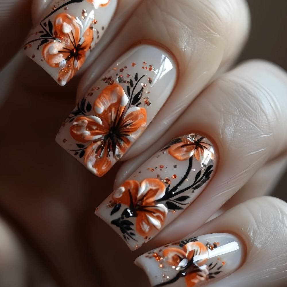 Tropical Paradise Medium Square Orange Floral Design Press On Nail Set with Glitter Accents