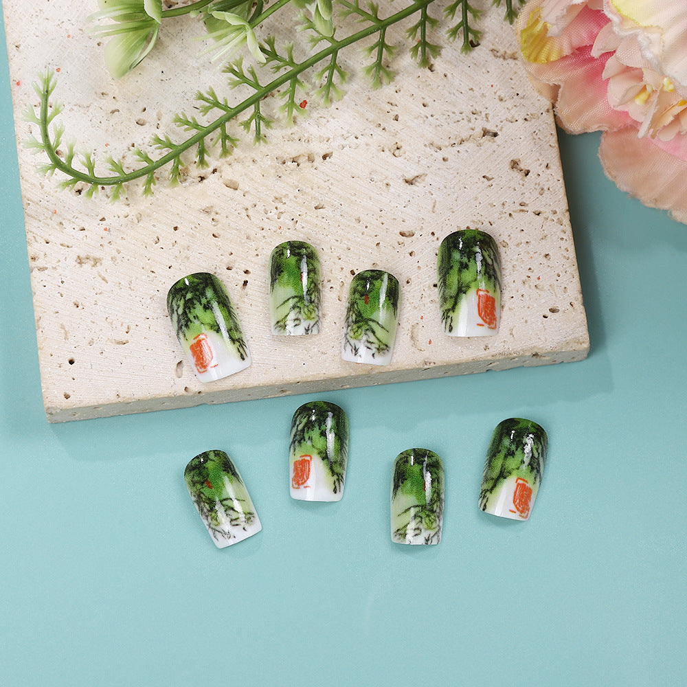 Serene Forest Charm Press-On Nail Set Medium Square Green with Nature-Inspired Artistry