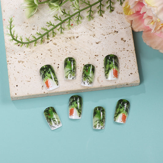 Serene Forest Charm Press-On Nail Set Medium Square Green with Nature-Inspired Artistry