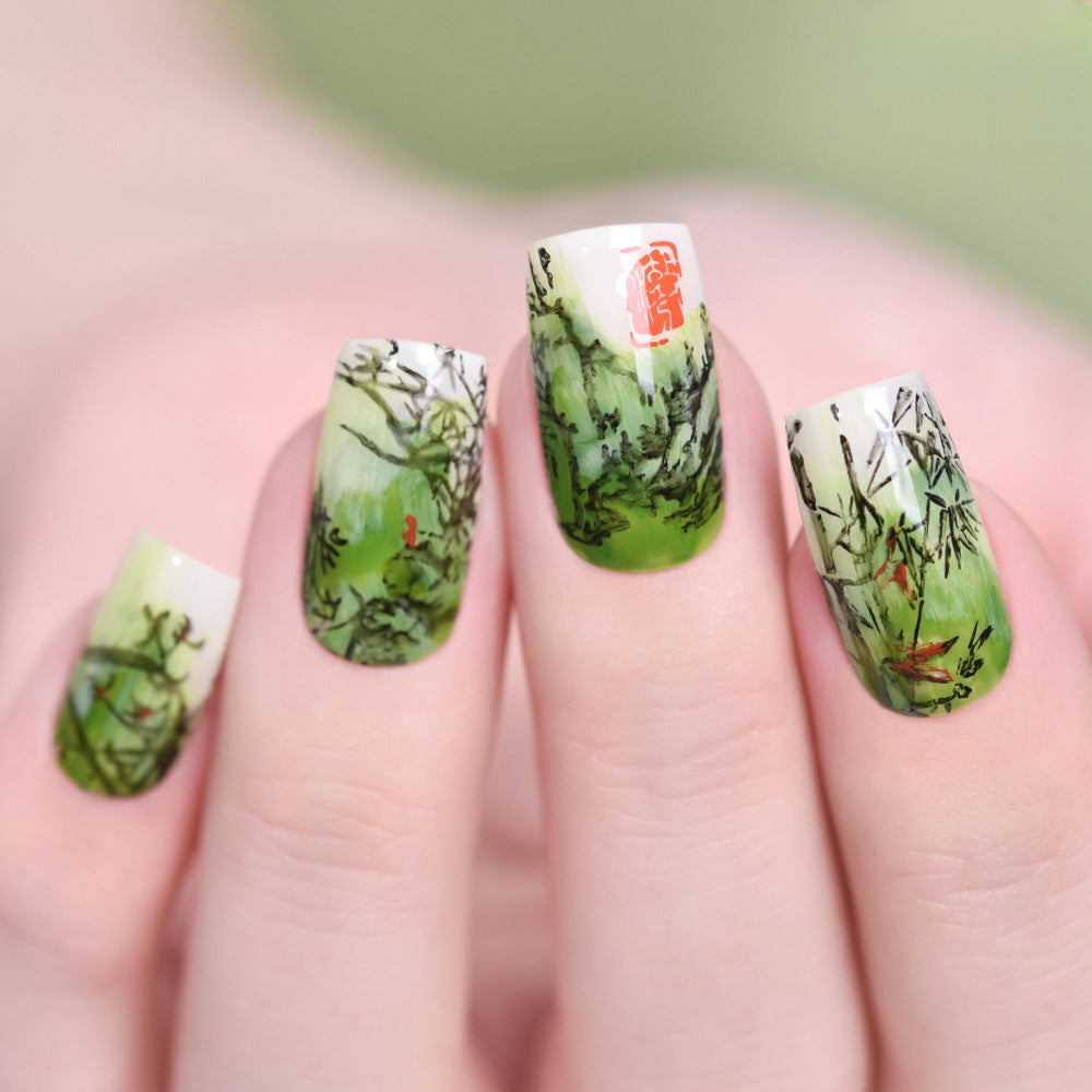 Serene Nature Inspired Medium Square Press On Nail Set in Green with Intricate Botanical Design
