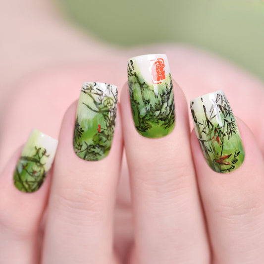 Serene Nature Inspired Medium Square Press On Nail Set in Green with Intricate Botanical Design
