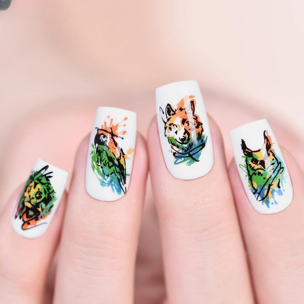 Nature's Palette Elegant Medium Square White Press-on Nail Set with Vibrant Animal Artwork