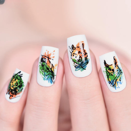 Nature's Palette Elegant Medium Square White Press-on Nail Set with Vibrant Animal Artwork
