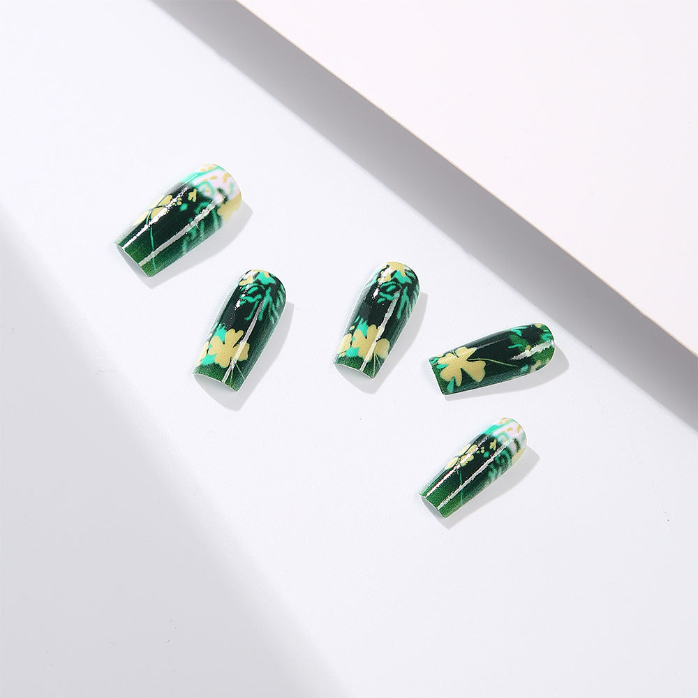 Tropical Paradise Medium CoffinGreen Floral Press On Nail Set with Stunning Botanical Print