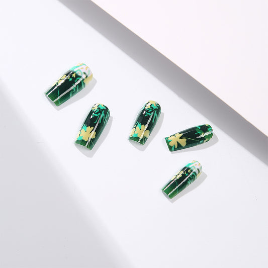 Tropical Paradise Medium CoffinGreen Floral Press On Nail Set with Stunning Botanical Print