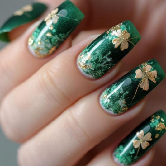 Enchanted Forest Medium Coffin Green Glittery Press On Nail Set with Delicate Floral Accents