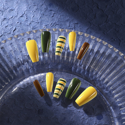 Charming Autumn Vibes Long Coffin Yellow Green and Brown Press-On Nail Set with Striped Design