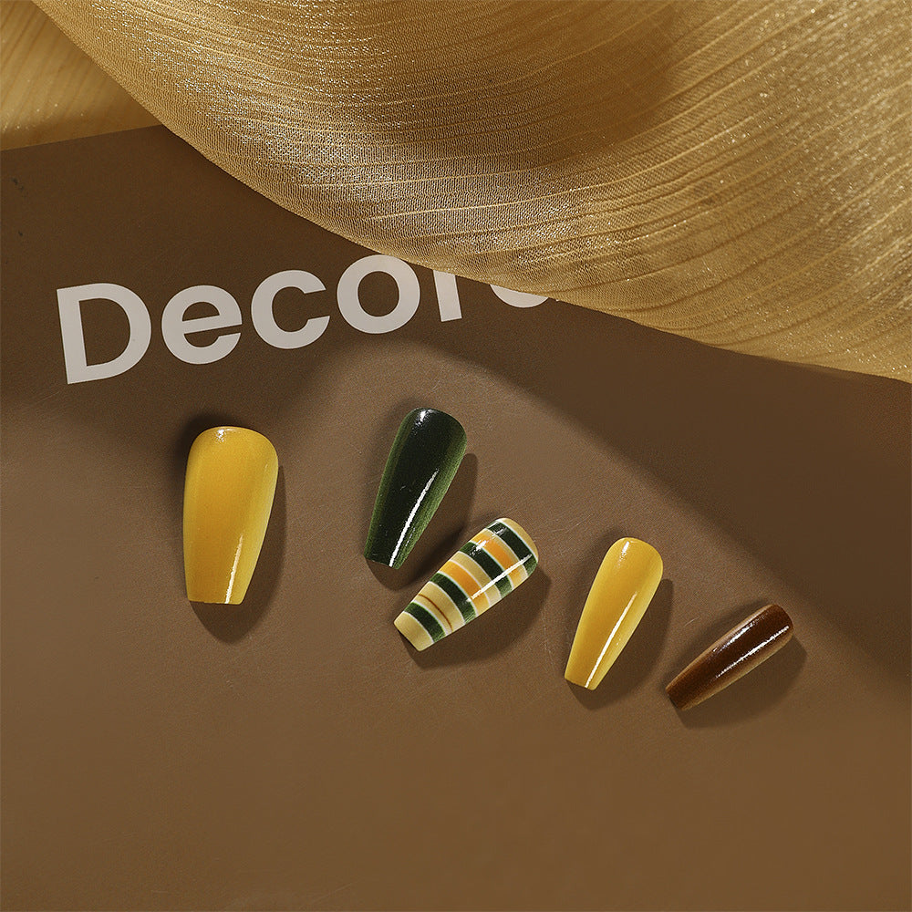 Bohemian Vibes Long Coffin Yellow Green and Striped Design Press On Nail Set