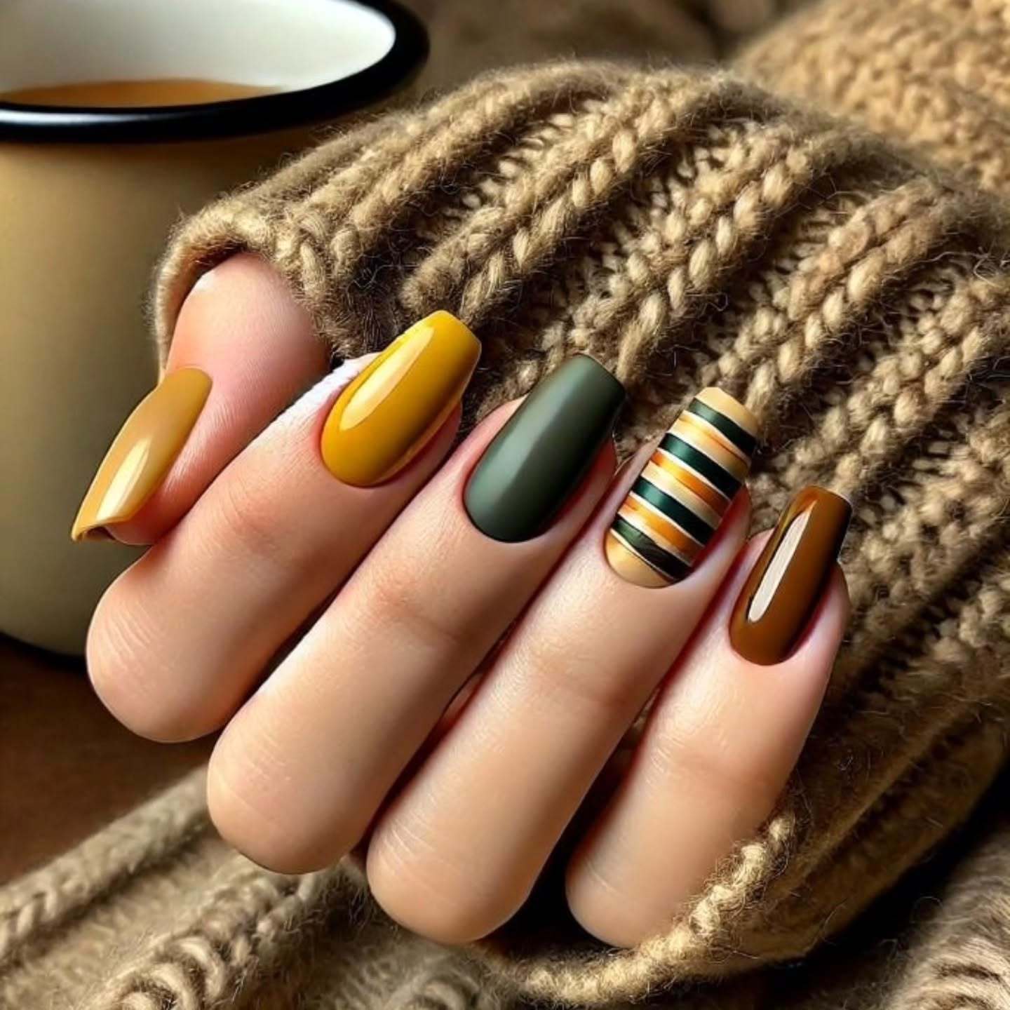 Autumn Cozy Vibes Medium Coffin Olive Green Rust Yellow with Striped Accent Press on Nail Set
