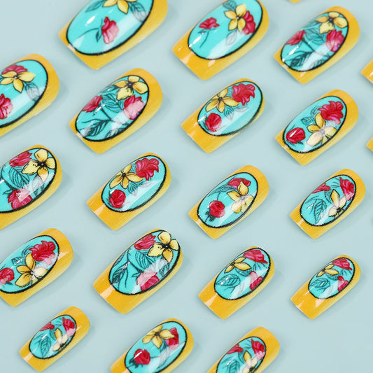 Tropical Paradise Floral Press On Nail Set Medium Square Bright Yellow with Vintage Botanical Art Design