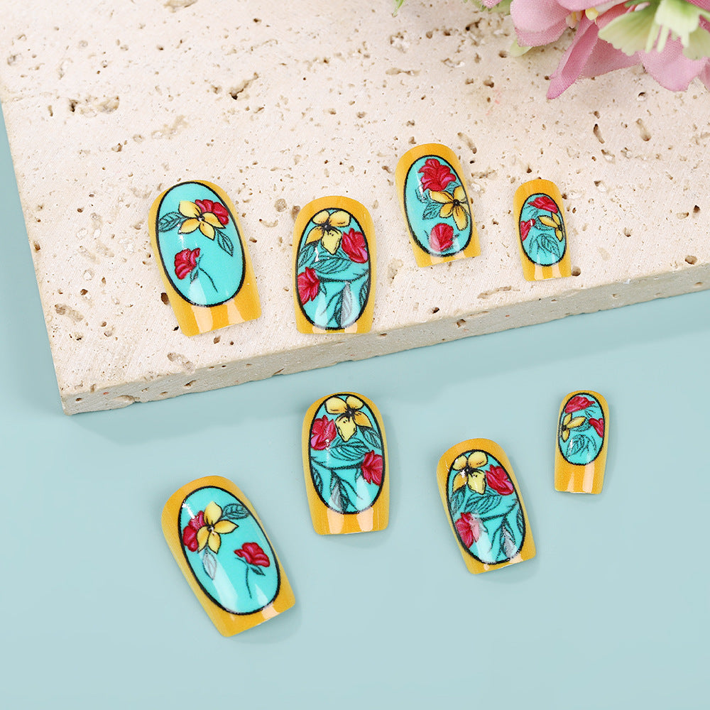 Tropical Floral Vibrance Short Square Shaped Teal and Yellow Press On Nail Set with Artistic Flower Designs