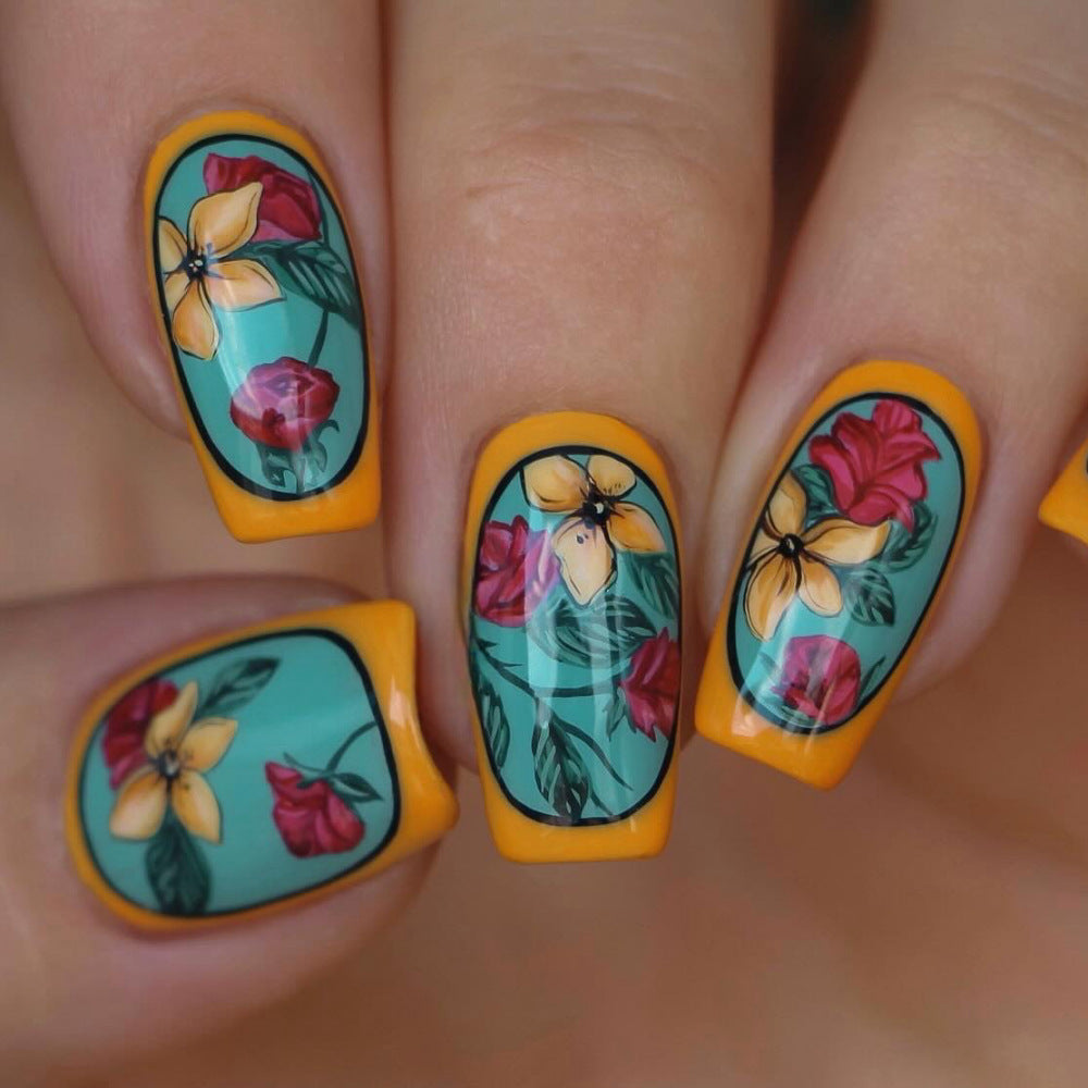 Tropical Blossom Chic Medium Square Press On Nails in Vibrant Yellow and Floral Design