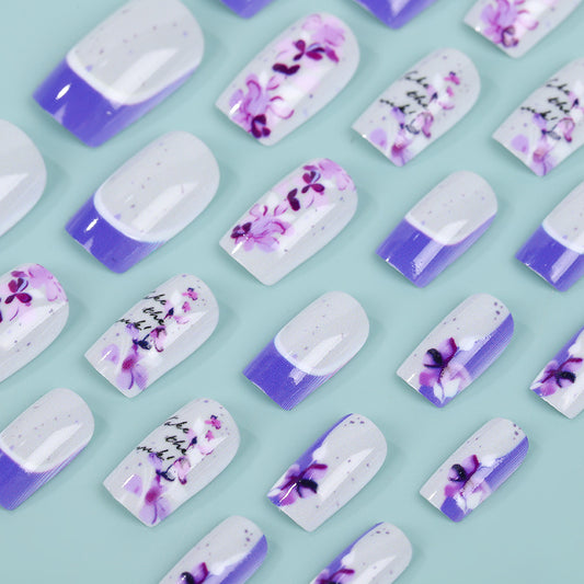 Floral Fantasy Medium Square Purple Ombre Press On Nail Set with Delicate Petal Designs