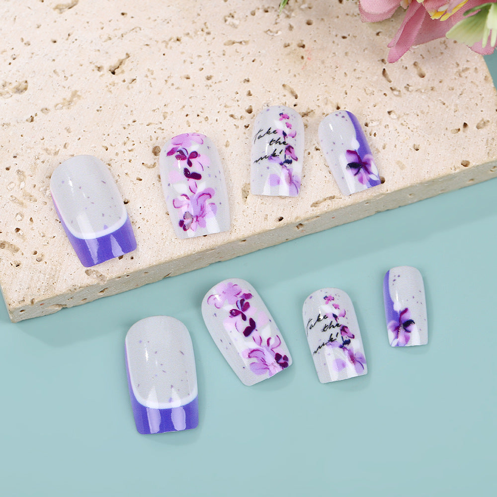 Floral Fantasy Medium Square Purple and White Press On Nail Set with Elegant Orchid Design