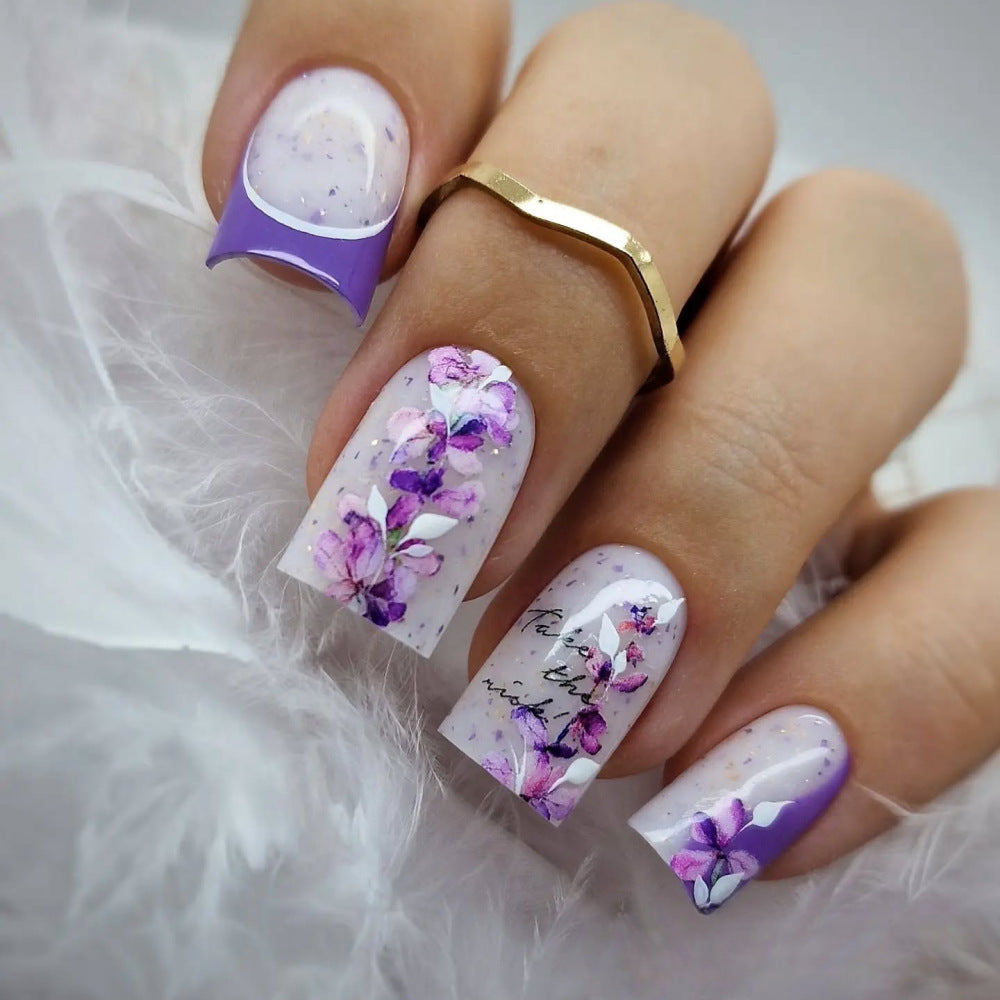 Garden Bloom Elegant Medium Duck Purple Floral Press-On Nail Set with Glittery Shimmer Finish
