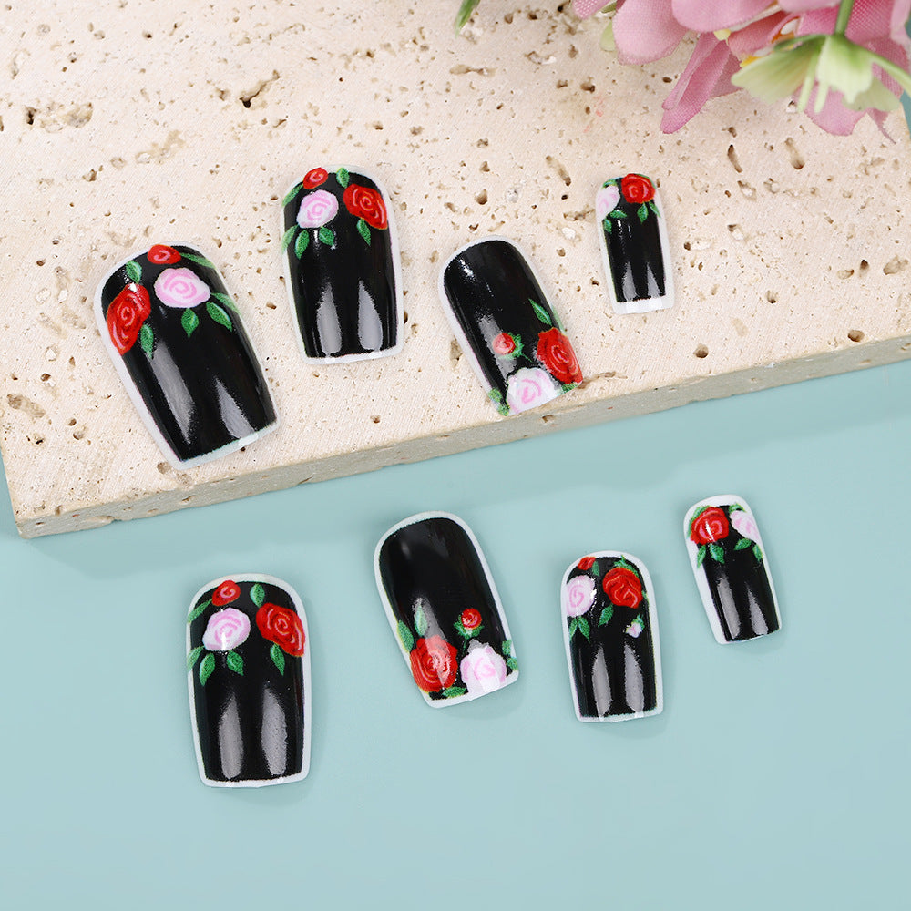 Romantic Garden Black Floral Short Square Press On Nail Set in Various Lengths with Charming Rose Accents