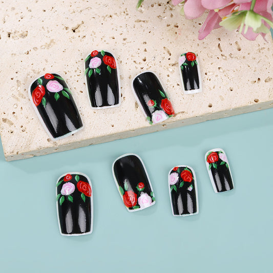 Romantic Garden Black Floral Short Square Press On Nail Set in Various Lengths with Charming Rose Accents