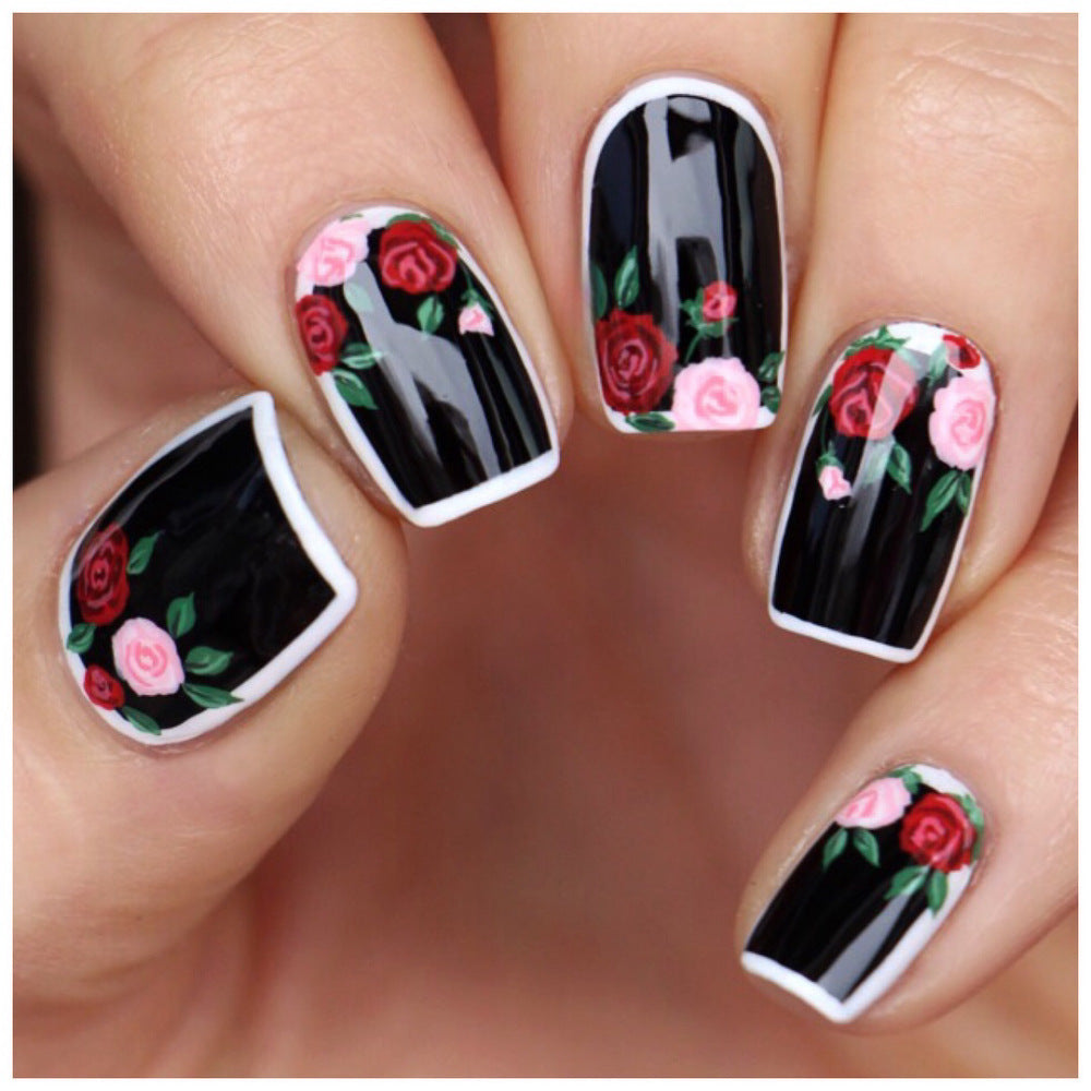 Romantic Garden Short Square Black Floral Press On Nail Set with Stunning Rose Design