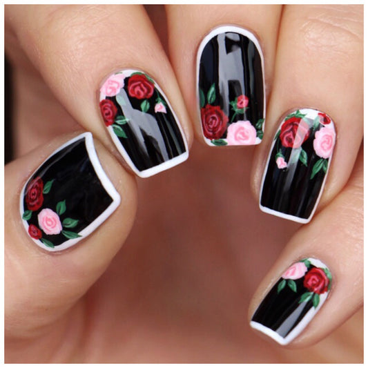 Romantic Garden Short Square Black Floral Press On Nail Set with Stunning Rose Design