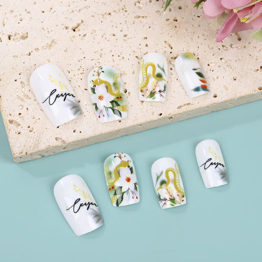 Nature's Elegance Medium Square Soft White Press on Nail Set with Floral and Snake Design