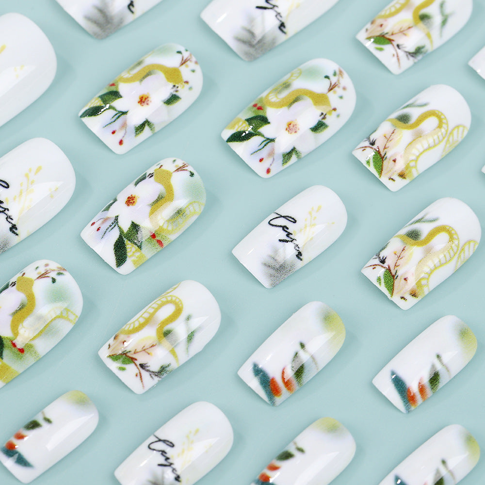 Whimsical Garden Floral Medium Square Press-On Nail Set in White with Elegant Botanical Designs