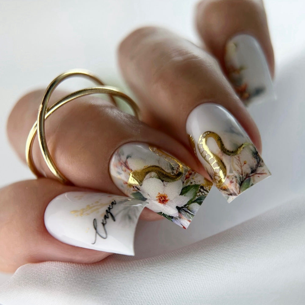 Glamorous Garden Floral Medium Square White Nails with Gold Accents