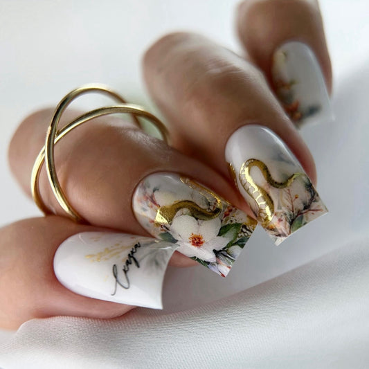 Glamorous Garden Floral Medium Square White Nails with Gold Accents