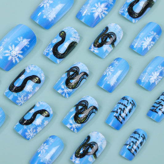 Winter Wonderland Medium Square Blue Press On Nail Set with Snake and Snowflake Design