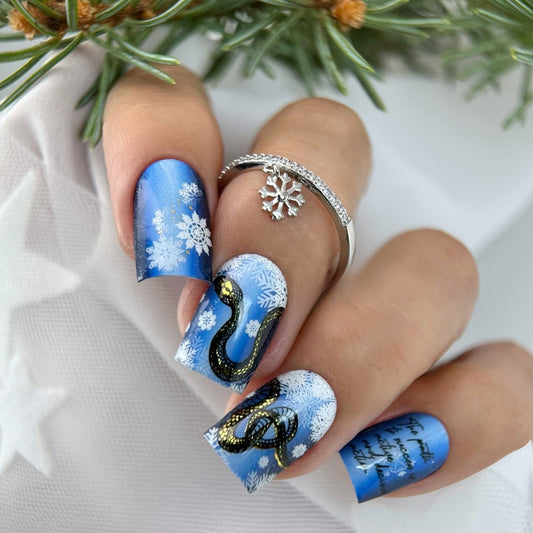 Winter Wonderland Medium Square Blue Press On Nail Set with Snowflake Design and Elegant Snake Detail