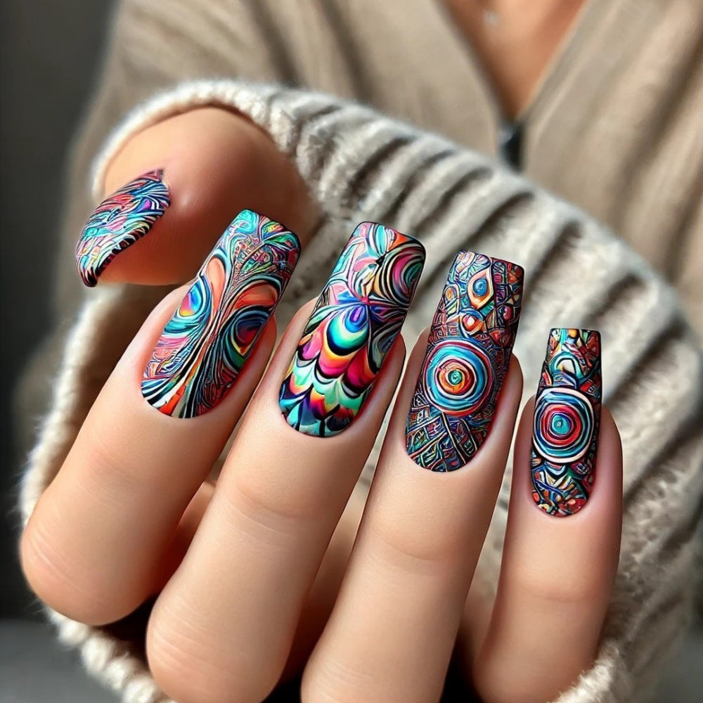 Vibrant Artistic Fantasy Medium Square Colorful Press On Nail Set with Unique Swirling Patterns