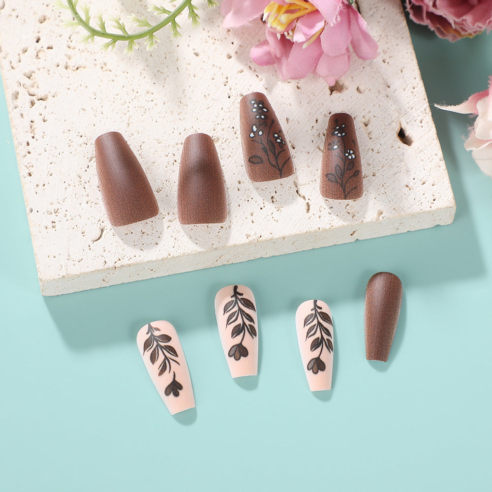 Botanical Bliss Elegant Medium Coffin Shaped Brown and Beige Press On Nail Set with Intricate Floral Designs
