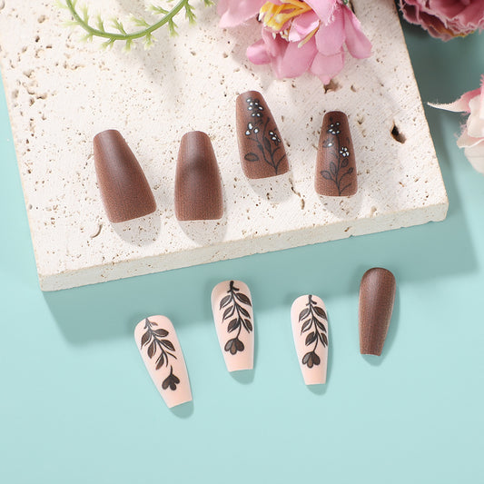 Botanical Bliss Elegant Medium Coffin Shaped Brown and Beige Press On Nail Set with Intricate Floral Designs