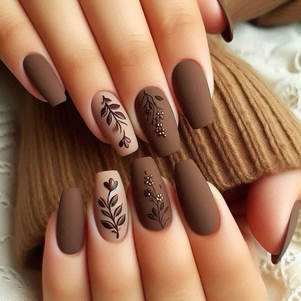 Autumn Charm Elegant Matte Medium Coffin Brown Press On Nail Set with Floral Embellishments
