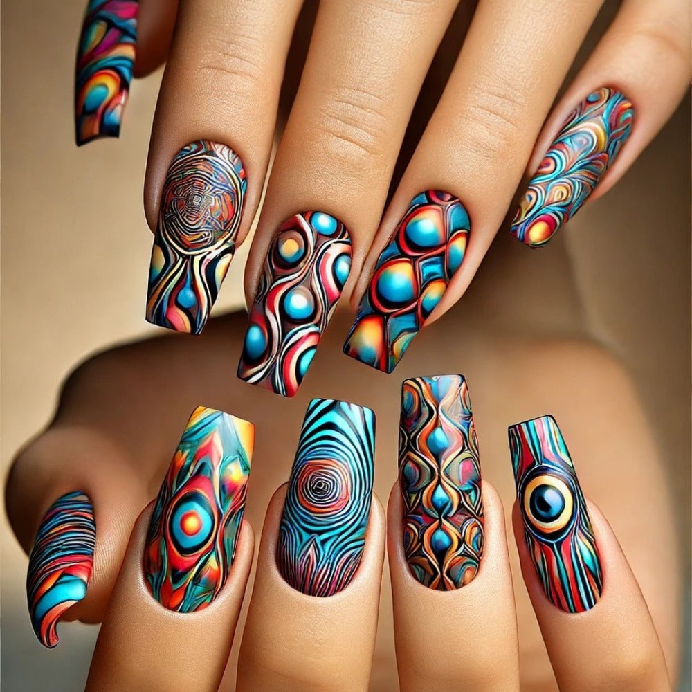 Vibrant Artistic Theme Medium Square Colorful Press On Nail Set with Unique Swirling Patterns