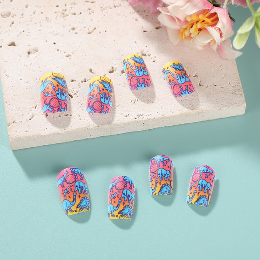 Tropical Vibes Short Square Bright Multicolor Artistic Pattern Press On Nail Set