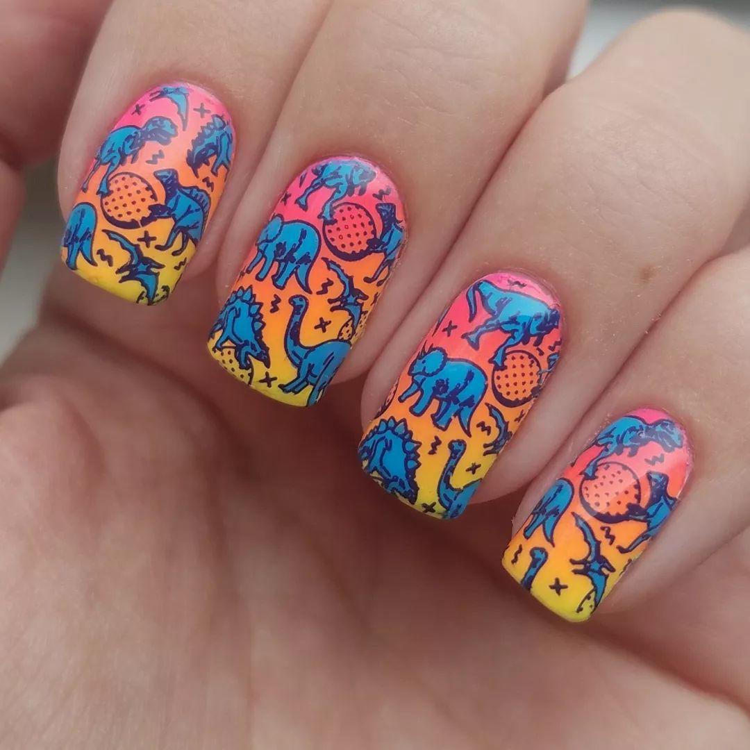 Dinosaur Adventure Short Square Gradient Orange Pink Nail Set with Whimsical Dino Print Design