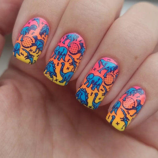 Dinosaur Adventure Short Square Gradient Orange Pink Nail Set with Whimsical Dino Print Design