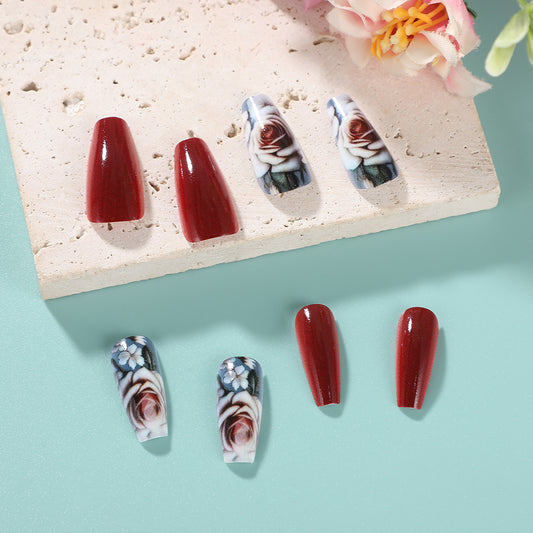 Romantic Floral Elegance Medium Coffin Burgundy and White Press On Nail Set with Stunning Rose Art