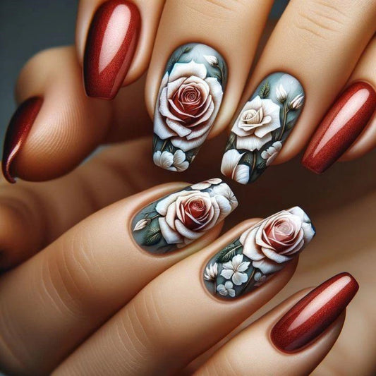 Blooming Elegance Press On Nail Set Medium Coffin Shape Deep Red with Artistic Floral Design