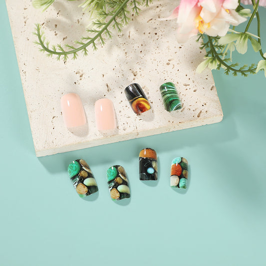 Nature's Elegance Medium Square Shaped Soft Pink and Vibrant Green Artistic Stone Design Press On Nail Set
