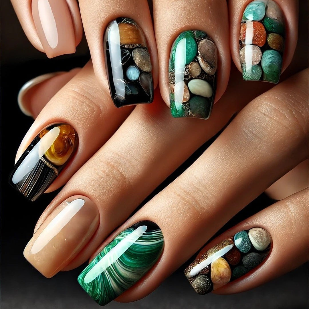 Earthy Elegance Medium Square Green Black and Multicolored Natural Stone Design Press On Nail Set
