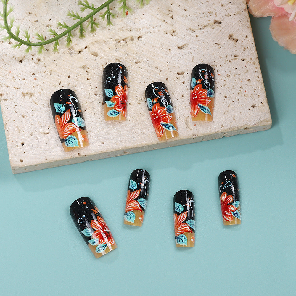 Tropical Blossom Vibes Long Square Shape Black with Floral Design Press-On Nail Set